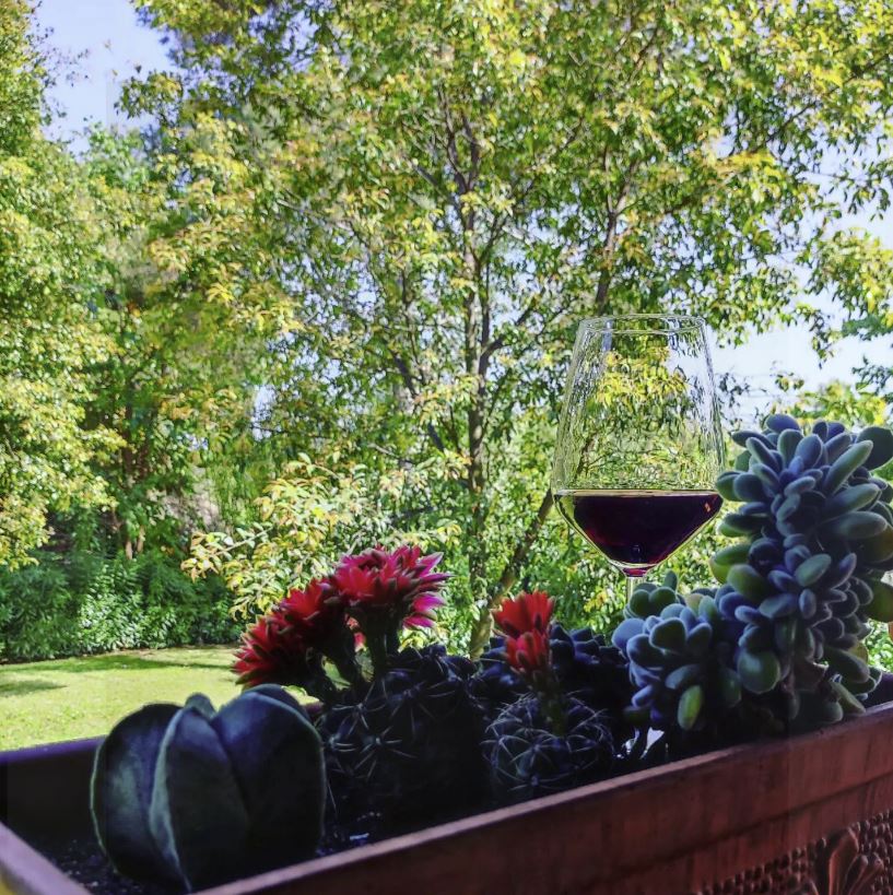 Un calice di vino vicino alla veranda